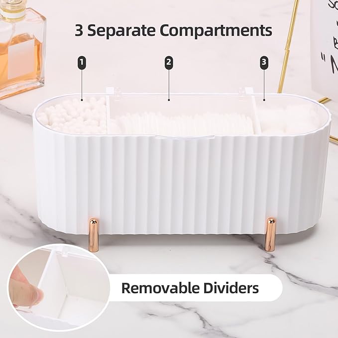 Tecbeauty Qtips Holder, 3 Grids Separate Cotton Swabs Ball Dispenser, Storage Box, Jar for Cotton Pads Bathroom Organizer Canisters - White