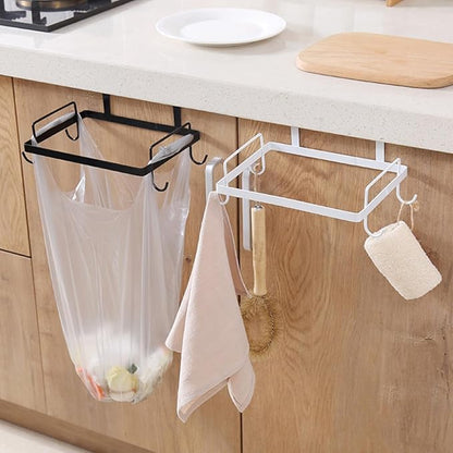 Iron Trash Bag Holder Garbage Storage Rack for Kitchen Cabinet Door, 2pcs Black and White Hanging Garbage Bag Storage Organizer for Home Waste Management