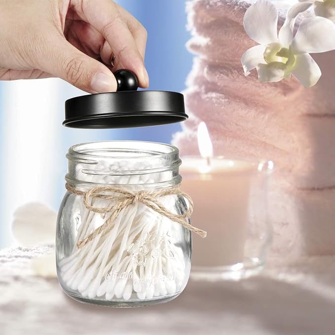 SheeChung Small Mason Jar, Glass Qtip Holder, Apothecary Jars with Lids, Bathroom Organizers and Storage, Bathroom Canister for Q-tips, Cottons, Floss, Balls, Cotton Swabs, Farmhouse Decor-Black