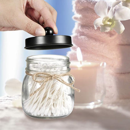 SheeChung Small Mason Jar, Glass Qtip Holder, Apothecary Jars with Lids, Bathroom Organizers and Storage, Bathroom Canister for Q-tips, Cottons, Floss, Balls, Cotton Swabs, Farmhouse Decor-Black