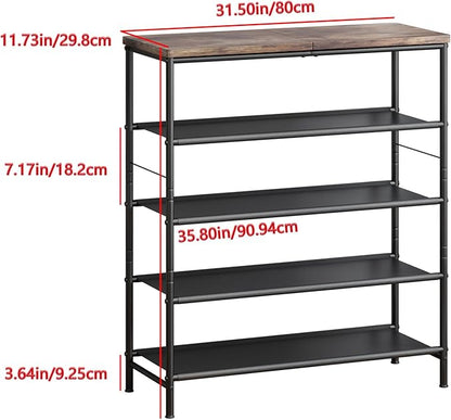 INGIORDAR Shoe Rack Organizer 5 Tier Metal Organizer Shelf with Industrial MDF Board and Layer Fabric for Entryway Closet Bedroom Living Room Garage,Black & Rustic Brown (Black+Rustic Brown, 5 Tier)
