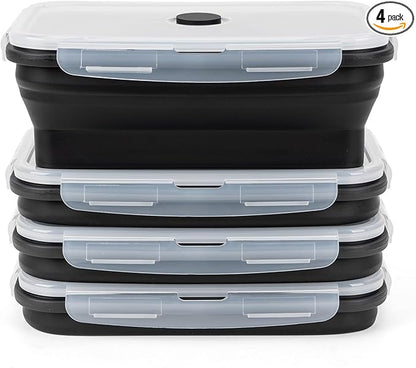 Collapsible Silicone Food Storage Containers Set with Lid & Air Vent,Foldable Lunch Containers(4PCS,Black,40oz)