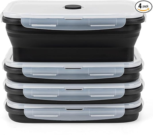 Collapsible Silicone Food Storage Containers Set with Lid & Air Vent,Foldable Lunch Containers(4PCS,Black,40oz)