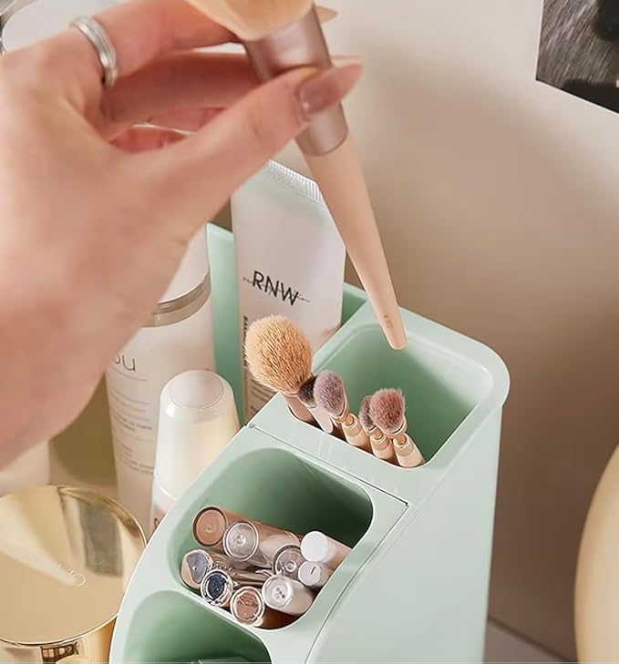 Tiered Makeup Organizer, Mint Green Cosmetic Storage Display Case with Brush Holder, Vanity Beauty Product Storage System