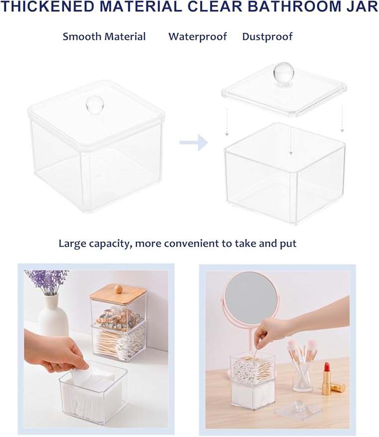 Cotton Swab Holder with Clear Plastic Lid, Single Layer Cotton Bud Dispenser, Premium Plastic Organizer for Guest Bathroom Vanity, Floss Pick & Hair Tie Storage Container