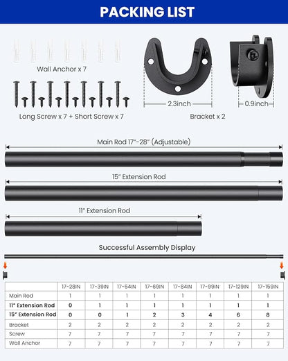 Supforce Closet Rods for Hanging Clothes, 17 to 159 Inches Stepless Adjustable Metal Closet Rod, 1.3 Inches Heavy Duty Clothes Hanging Rod for Closet Wardrobes Laundry RV, Black