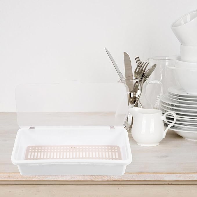 Alipis Plastic Silverware Tray with Lid, Silverware Countertop Storage Container Kitchen Cutlery and Utensil Drawer Organizer for Kitchen Flatware Spoons Forks White