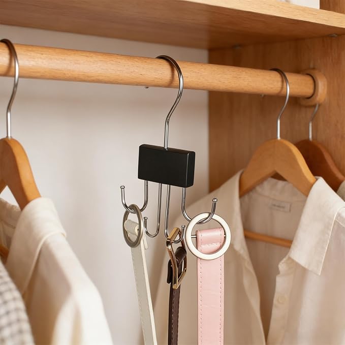 Belt Hanger for Closet Rotatable Belt Rack Closet Accessories Organizer Four Hooks for Belt Bra Tank Top Tie Black