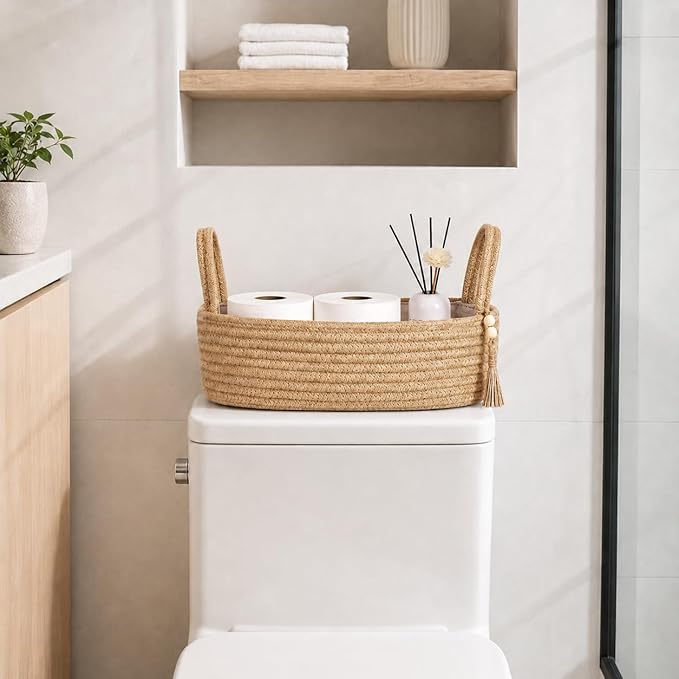 ABenkle Small Storage Basket, Jute Rope Woven Toilet Paper Tray Organizer for Toilet Tank Top, Boho Bathroom Decor Holder for Shelf Bedroom Living Room -13x6x4 Inches
