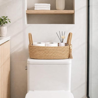 ABenkle Small Storage Basket, Jute Rope Woven Toilet Paper Tray Organizer for Toilet Tank Top, Boho Bathroom Decor Holder for Shelf Bedroom Living Room -13x6x4 Inches
