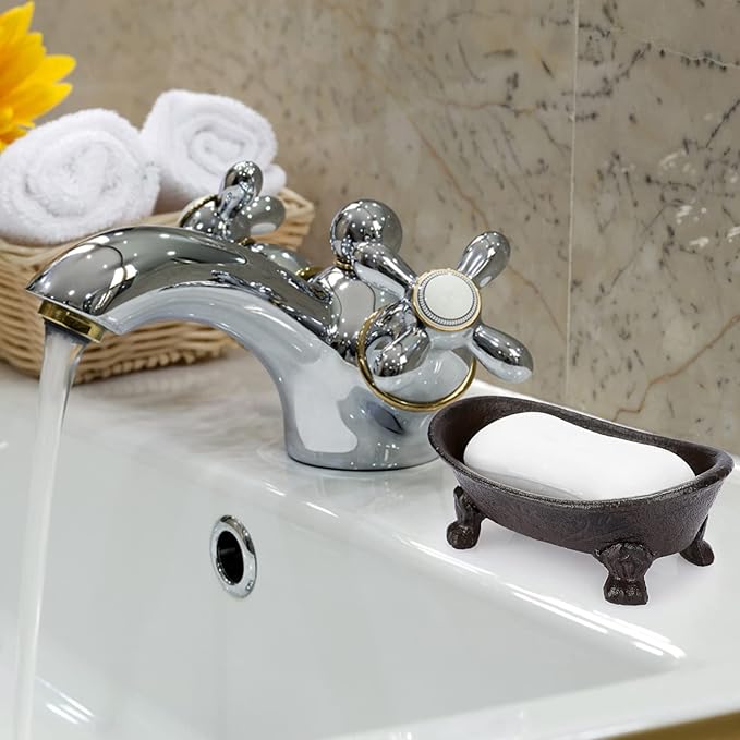 Sumnacon Cast Iron Bathtub Soap Dish - Heavy Duty Vintage Metal Drainable Sponge Soap Tray Bar, Rustic Iron Soap Sponge Holder for Bathroom Shower Bathtub Kitchen Sink Countertop, Brown