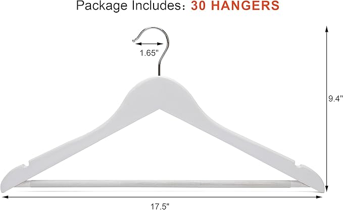 White Wood Bridal Dress Hangers 30 Pack Wooden Coat Hanger, Heavy Duty Clothes Hangers, Solid Wood Hangers for Shirts, Jackets, Pants, Wedding Dress, Bridesmaid Suits-HL01W3