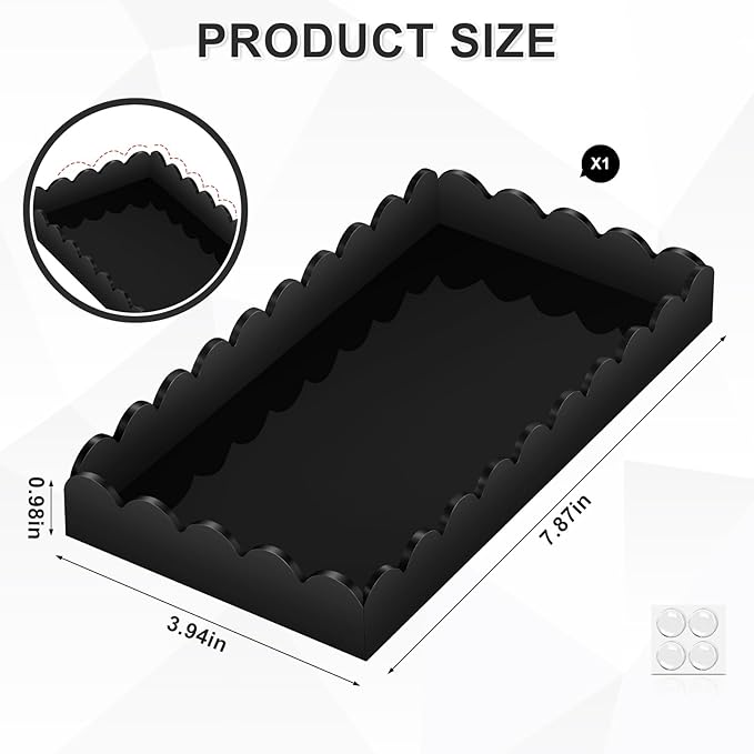 Acrylic Bathroom Vanity Tray 7.9", Soap Dispenser Decorative Scalloped Tray for Bathroom Kitchen Living Room Decor Vanity Perfume, Black