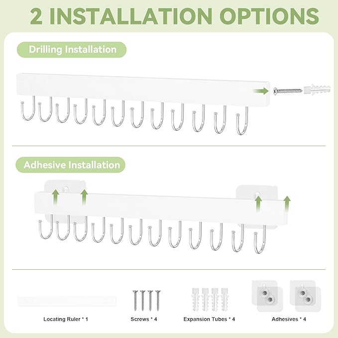 Belt Hanger Wall Mount, Adhesive Wooden Closet Belt Organizer with 24 Metal Hooks, Large Capacity, 2 Installation Options, White, 2 Pcs