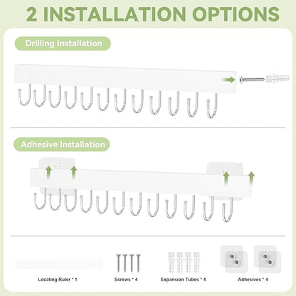 Belt Hanger Wall Mount, Adhesive Wooden Closet Belt Organizer with 24 Metal Hooks, Large Capacity, 2 Installation Options, White, 2 Pcs