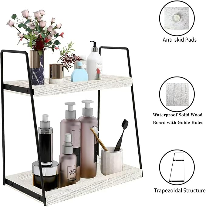 Dorhors 2 Tier Bathroom Counter Organizer Storage,Vanity Organizer for Bathroom Counter,Wood Standing Rack for Kitchen(Rustic White)