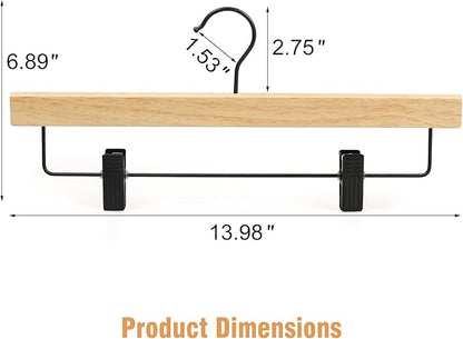 TOPIA HANGER Pants Hangers 10 Pack, Wooden Clothes Hangers with Black Clips and Rotatable Hook, Durable Natural Rubber Wood Hangers for Skirts, Pants, Jeans, Shorts - CTS02N