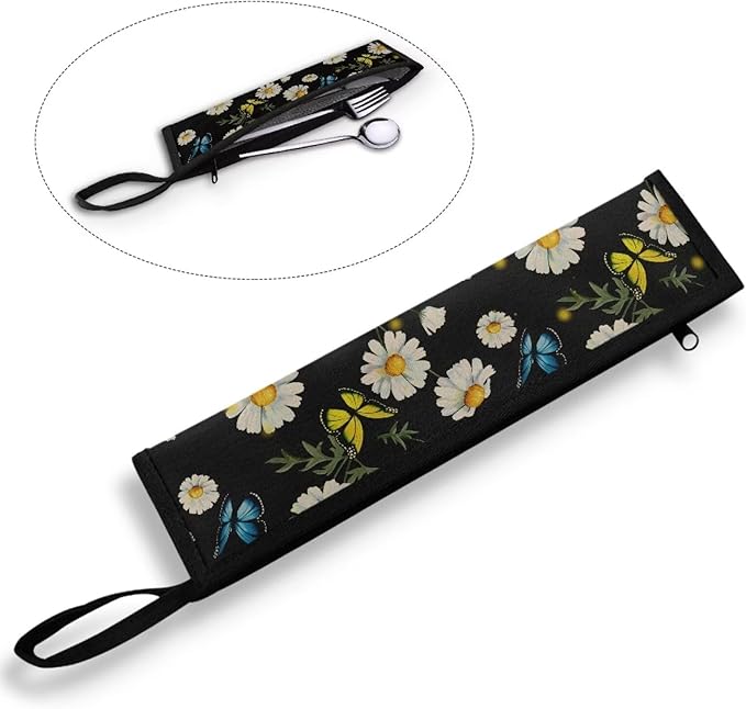 COEQINE Black Utensil Holder Small Foldable Flatware Organizer for Travel Work Portable Handles Silverware Bag Portable Leafproof Tableware Storage Bag With Zipper,Daisy Butterfly