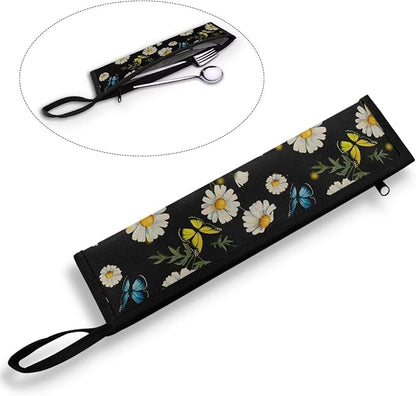 COEQINE Black Utensil Holder Small Foldable Flatware Organizer for Travel Work Portable Handles Silverware Bag Portable Leafproof Tableware Storage Bag With Zipper,Daisy Butterfly