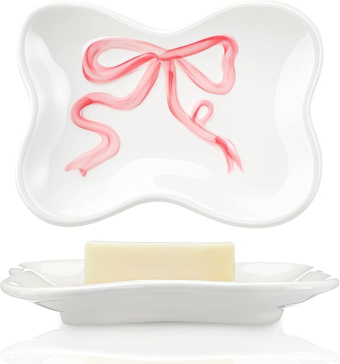 Pink Bow Girls Soap Dish Bathroom Decor Coquette Ceramic Cleaner Dish Bow Soap Holder Aesthetic Preppy Room Decor Saver Tray for Kitchen Sink Bathroom Baby Shower Wedding Gift, Easy Cleaning