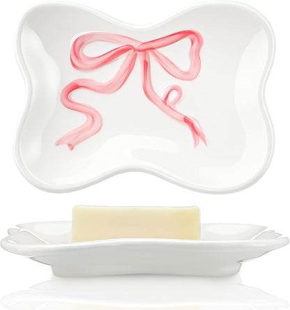 Pink Bow Girls Soap Dish Bathroom Decor Coquette Ceramic Cleaner Dish Bow Soap Holder Aesthetic Preppy Room Decor Saver Tray for Kitchen Sink Bathroom Baby Shower Wedding Gift, Easy Cleaning