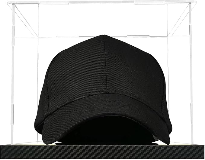 Clear Hat Display Case Acrylic Baseball Cap Holder Stand Transparent Hat Storage Box Dustproof Square UV Protection Cabinet with Carbon Fiber Skin Base and Removable Mirror Base