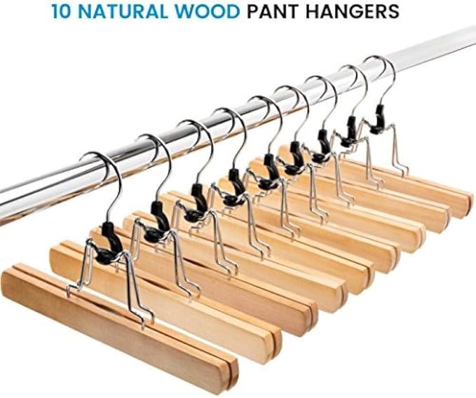 10x High-Grade Wooden Hanger with Clip Anti-Skid Skirt, Smooth Surface Solid Wood Jeans/Elastic Hanger with 360 ° Rotating Hook Pants Skirt Frame Vintage Wood (Natural Wood)