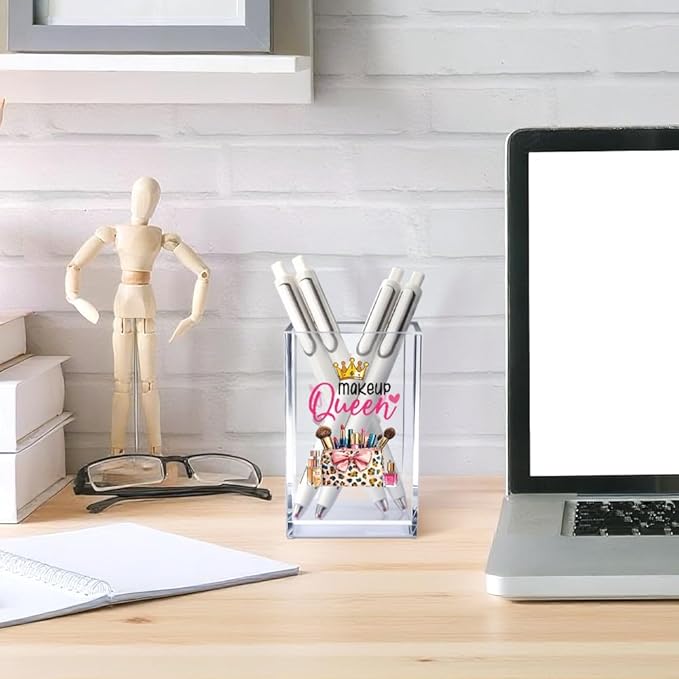 Makeup Queen Acrylic Makeup Brush Organizer Holder, Makeup Queen Desk Acrylic Brushes Storage, Christmas Birthday Gifts for Women Mom Sister Colleague Boss Lady Make Up Artist