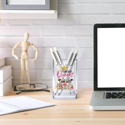 Makeup Queen Acrylic Makeup Brush Organizer Holder, Makeup Queen Desk Acrylic Brushes Storage, Christmas Birthday Gifts for Women Mom Sister Colleague Boss Lady Make Up Artist