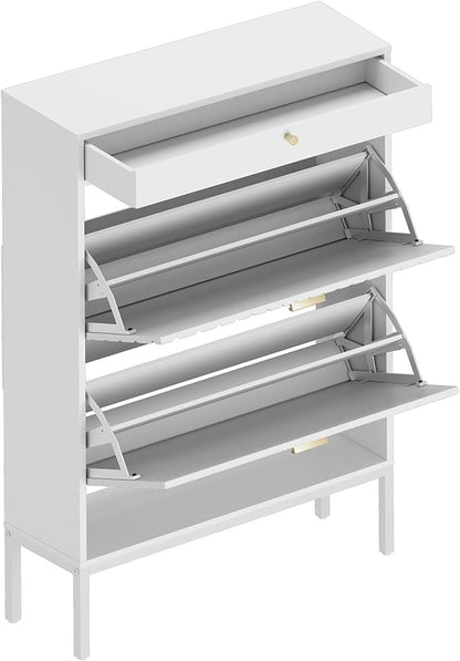 XIAO WEI Shoe Cabinet, Shoe Storage Organizer Cabinet with 2 Flip Wavy Line Drawers, Freestanding Shoe Rack with Adjustable Shelf for Entryway (White)