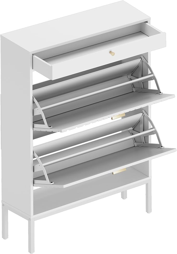 XIAO WEI Shoe Cabinet, Shoe Storage Organizer Cabinet with 2 Flip Half Moon Line Doors, Freestanding Shoe Rack with Adjustable Shelf for Entryway（White