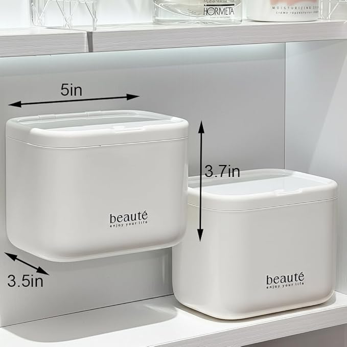 Pop-Up Q-Tip Holder & Cotton Pad Dispenser, Wall Mounted or Countertop Bathroom Organizer Box, Automatic Lifting Storage for Cotton Swabs, Hair Ties, Floss, Dustproof 4-Grid Vanity Container(White)