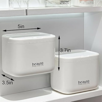 Pop-Up Q-Tip Holder & Cotton Pad Dispenser, Wall Mounted or Countertop Bathroom Organizer Box, Automatic Lifting Storage for Cotton Swabs, Hair Ties, Floss, Dustproof 4-Grid Vanity Container(White)