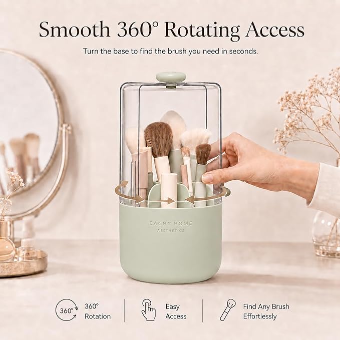 EACHY Makeup Brush Holder with Lid, 360° Rotating Vanity Organizer for Brushes, Dustproof Cosmetic Display Case, 7 Compartments, Waterproof Plastic (Green)