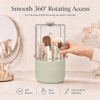EACHY Makeup Brush Holder with Lid, 360° Rotating Vanity Organizer for Brushes, Dustproof Cosmetic Display Case, 7 Compartments, Waterproof Plastic (Green)