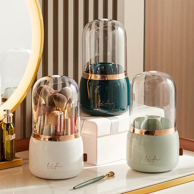 Upgrade Makeup Brush Holder Organizer with Lid, Automatic Lifting Dustproof Makeup Brushes Organizer with 4 Compartments for Vanity，Cosmetic Storage for Dresser Countertop (White transparent)