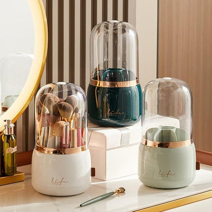 Upgrade Makeup Brush Holder Organizer with Lid, Automatic Lifting Dustproof Makeup Brushes Organizer with 4 Compartments for Vanity，Cosmetic Storage for Dresser Countertop (White transparent)