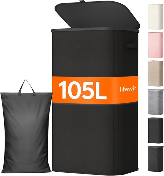Lifewit 105L Large Laundry Basket with Lid, Laundry Hamper with Plastic Handles and Removable Bag, Foldable Tall Dirty Clothes Hampers for Laundry for Laundry Room, Bedroom, Bathroom, Dorm, Black