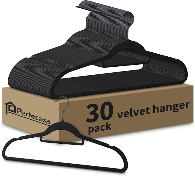 Black Velvet Hangers 30 Pack - Non Slip Clothes Hangers, Ultra Slim Hangers, Space Saving Swivel Black Hook, Suit, Top, Tie, Shirt, Skirt & Pant Felt Hangers, Black Hangers
