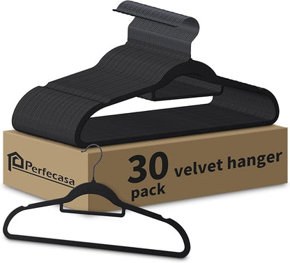 Black Velvet Hangers 30 Pack - Non Slip Clothes Hangers, Ultra Slim Hangers, Space Saving Swivel Black Hook, Suit, Top, Tie, Shirt, Skirt & Pant Felt Hangers, Black Hangers