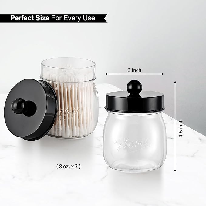 SheeChung 3 Pack Qtip Holder Bathroom Jar Set, Apothecary Mason Jar for Bathroom Vanity Home Storage Organizer, Plastic Acrylic Qtip Dispenser for Cotton Swab, Floss Pick, Farmhouse/Home Decor (Black)