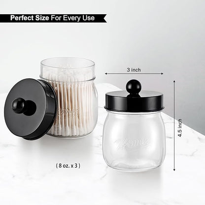 SheeChung 3 Pack Qtip Holder Bathroom Jar Set, Apothecary Mason Jar for Bathroom Vanity Home Storage Organizer, Plastic Acrylic Qtip Dispenser for Cotton Swab, Floss Pick, Farmhouse/Home Decor (Black)