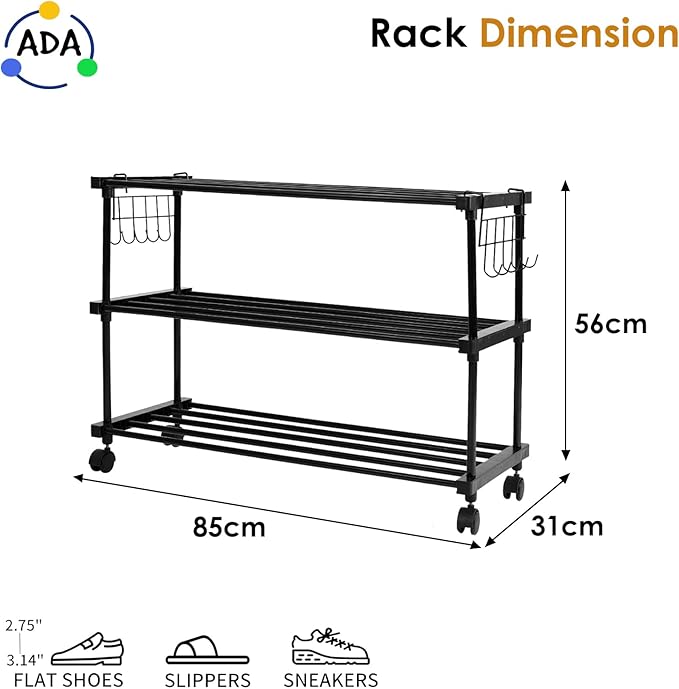 ADA® Premium High Density Iron Shoe Rack, Easy to Assemble Space Saving 3 - Tier Shoe Organizer, Heavy Duty Multifunctional Shoe Cabinet - Black