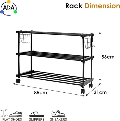 ADA® Premium High Density Iron Shoe Rack, Easy to Assemble Space Saving 3 - Tier Shoe Organizer, Heavy Duty Multifunctional Shoe Cabinet - Black