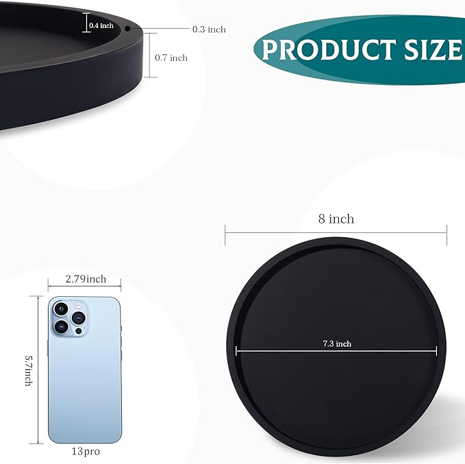 Silicone Bathroom Tray Round Vanity Tray Decorative Soap Holder Kitchen Countertop Organizer Coffee Table Decor for Candle, Perfume, Plant, 8 Inch, Black