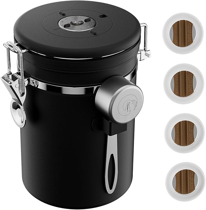 Coffee Gator Coffee Canister, Airtight Stainless Steel Kitchen Food Storage Container with Date Tracker, Scoop for Sugar, Grounds Coffee, Beans,Tea, Sugar, Cereal, Flour, Cookies Jars (Black, 16oz)