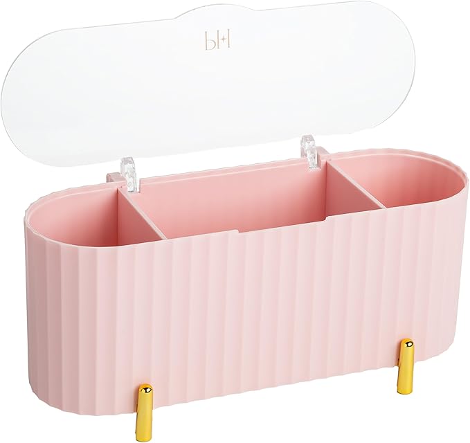Paris Hilton Makeup & Storage Organizer with Lid, Customizable 3-Compartment Tray, Elegant Ribbed Design, Compact & Durable, Pink
