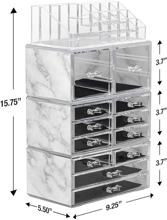 Sorbus Large Makeup Organizer - Clear Stackable Jewelry & Makeup Organizer For Vanity, Bathroom Storage, Dresser - 12 Drawers Cosmetic Beauty Organizers and Storage with Lipstick, Makeup Brush Holder