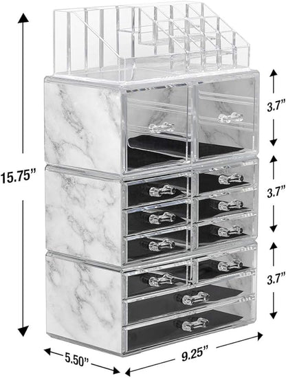 Sorbus Large Makeup Organizer - Clear Stackable Jewelry & Makeup Organizer For Vanity, Bathroom Storage, Dresser - 12 Drawers Cosmetic Beauty Organizers and Storage with Lipstick, Makeup Brush Holder