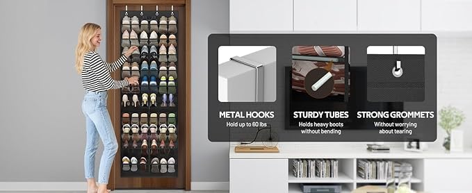30 Pairs Over the Door Shoe Organizer, Hanging Shoe Organizer with 4 Metal Hooks, Large Capacity Breathable Mesh Shoe Rack for Closet Door, Multi-Pocket Storage for Shoes, Hats, Toys, Towels (White)